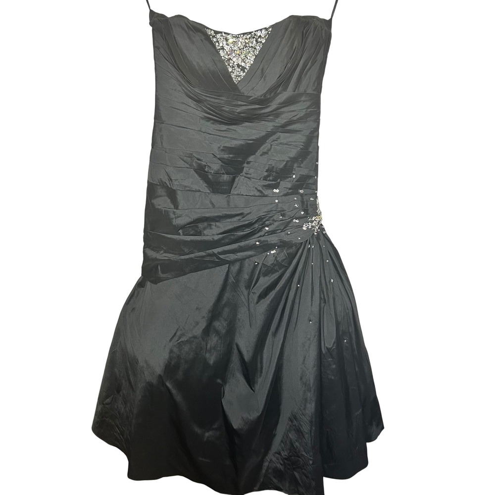 Mori Lee Madeline Gardner Black Strapless Crystal Ruched Cocktail Dress 11/12